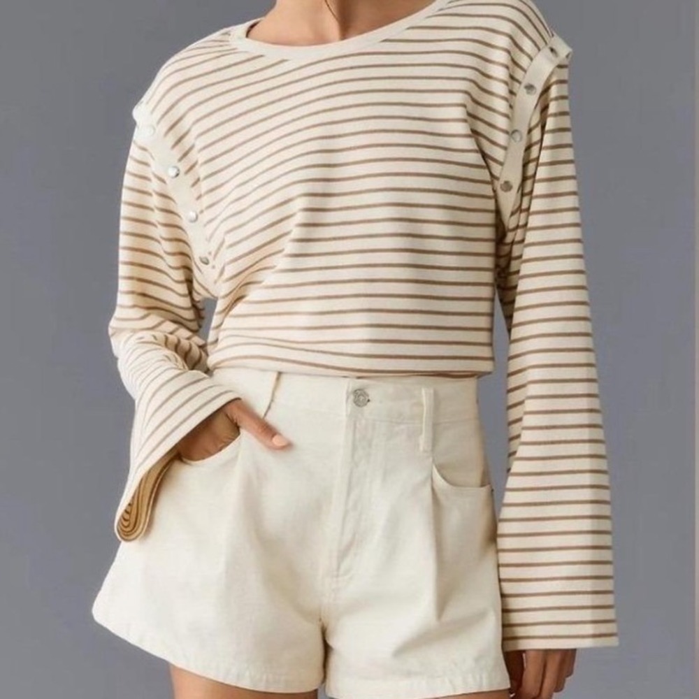 Maeve‎ by Anthropologie Striped Snap Shoulder Long Sleeve Top Brown Cream Medium
